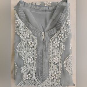 Chikankari Blue Lucknow kurta with pearls